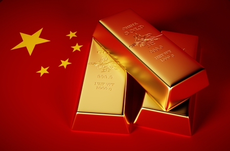 3d Photo-realistic image of golden bricks with china backgroundの写真素材