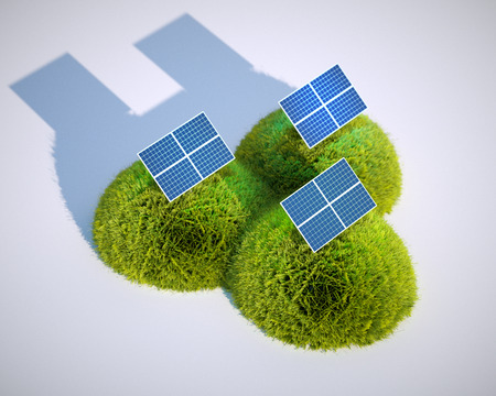 3d render image of stylized solar power plant with grass hillsの写真素材