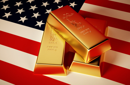 3d Photo-realistic image of golden bricks with U.S. backgroundの写真素材