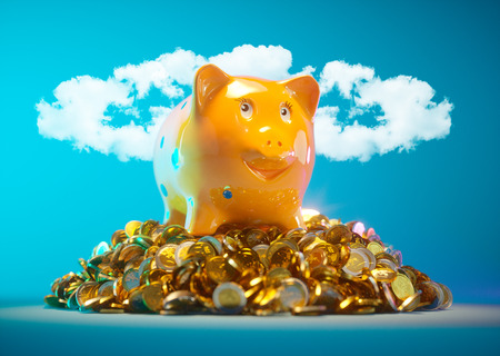 Piggy bank with stock of money and clouds in halo shape in backgroundの写真素材