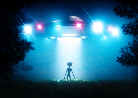 The ufo hovering over the alien visitor. 3D rendering.の写真素材