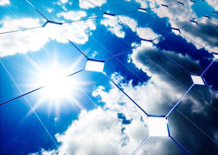 Solar energy concept. Blue sky reflection on photovoltaic panel. 3D rendering.の写真素材