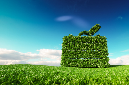 Eco friendly tourism concept. 3d rendering of a suitcase icon on fresh spring meadow with blue sky in background.の写真素材