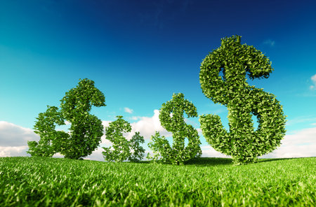 Eco friendly business, green profit, growing money and  sustainable economy concept. 3d rendering of green dollar icon on fresh spring meadow with blue sky in background.の写真素材
