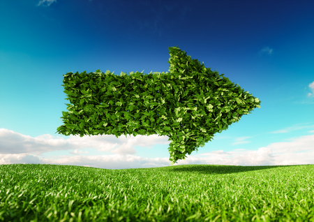 Eco friendly development concept. 3d rendering of single arrow icon on fresh spring meadow with blue sky in background.の写真素材