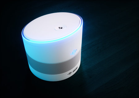 Home intelligent voice activated assistant. 3D rendering concept of white hi tech futuristic...