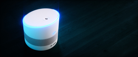 Home intelligent voice activated assistant. 3D rendering concept of white hi tech futuristic artificial intelligence speech recognition technology on dark blue wood background.の写真素材
