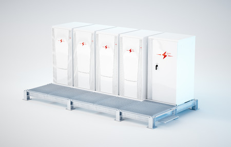 Modular and portable white battery energy storage system installed on support construction. 3d rendering  isolated on white.の写真素材