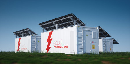 Solar container unit. 3d rendering concept of a white industrial battery energy storage container...