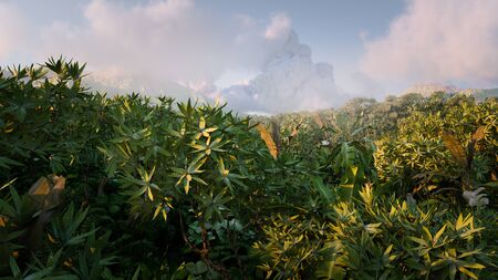 Vibrant  fantasy rainforest in morning light with distant mountains misty and clouds in background. 3d illustration.の写真素材