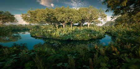 Fantasy rainforest isle in the middle of jungle pond. 3d rendering landscape image.の写真素材