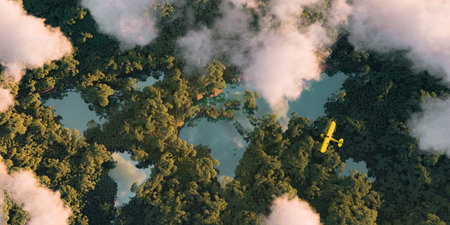 Sustainable habitat world concept. Distant aerial view of a dense rainforest vegetation with lakes...