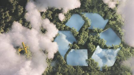 Eco friendly waste management concept. Recyclyling sign in a lake shape in the middle of dense amazonian rainforest vegetation viewed from high above clouds with small yellow airplane. 3d rendering.の写真素材