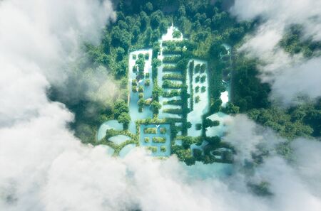 Concept of new green urbanism. Lake in a shape of a city in the middle of pure and fresh rainforest scenery viewed form bird perspective.3d renderingの写真素材