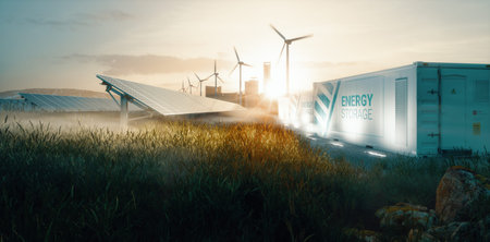 Smart grid renewable energy system solution for future smart cities at sunset. 3d renderingの写真素材