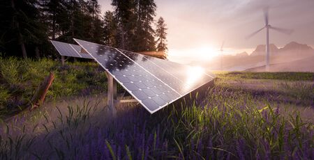Environmentally friendly installation of photovoltaic power plant and wind turbine farm situated in beautiful fresh mountain scenery with nice warm morning light. 3d rendering.の写真素材