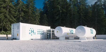 Environmentally friendly solution of renewable energy storage - hydrogen gas to clean electricity facility situated in forest environment. 3d rendering.の写真素材
