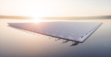 Aerial image of  floating solar power plant farm on calm lake  in beautifull sunset sunlight with...