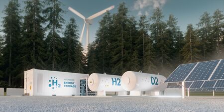Concept of hydrogen energy storage from renewable sources - wind turbines and photovoltaics. 3d renderingの写真素材