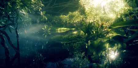 Jungle paradise concept. Deep and dense rainforest vegetation with pond and beautiful sunlight. 3d rendering.の写真素材