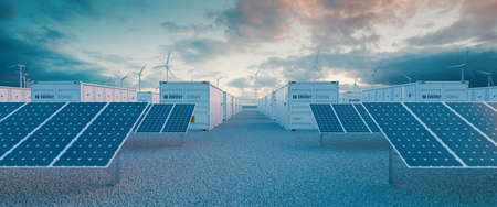 Battery storage power station 
accompanied by solar and wind  turbine power plants. 3d rendering.の写真素材