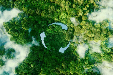 Abstract icon representing the ecological call to recycle and reuse in the form of a pond with a recycling symbol in the middle of a beautiful untouched jungle. 3d rendering.の写真素材