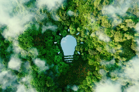 A bulb-shaped lake in the middle of a lush forest, symbolizing fresh ideas, inventiveness and creativity in relation to solving environmental problems. 3d rendering.の写真素材