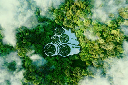 A lake in the shape of logs in the middle of a forest serving as a metaphor for the sustainable timber industry and the issue of deforestation. 3d rendering.の写真素材