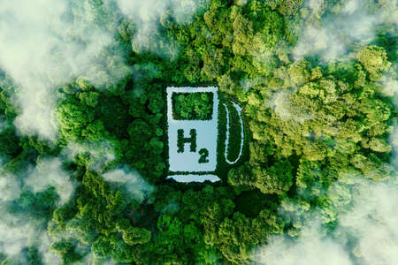 A lake in the shape of a hydrogen filling station used as a concept to illustrate the environmental friendliness of hydrogen and its potential as the fuel of the future. 3d rendering.の写真素材
