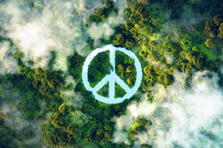 Abstract icon representing the ecological call for peace, humanity and harmony in the form of a pond with a peace symbol in the middle of a beautiful untouched jungle. 3d rendering.の写真素材