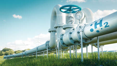 A hydrogen pipeline illustrating the transformation of the energy sector towards to ecology, carbon neutral, secure and independent energy sources to replace natural gas. 3d renderingの写真素材