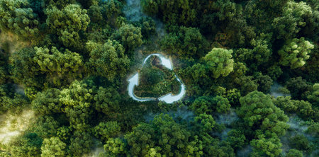 Symbolic emblem of an eco-push for recycling and reusing, depicted as a pond with a recycle sign amid a pristine forest backdrop. 3d rendering.の写真素材