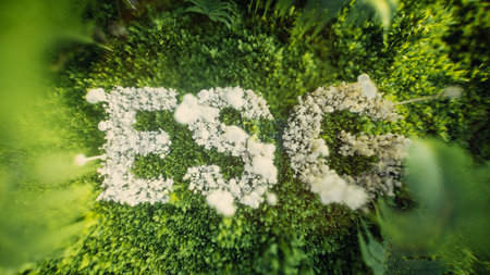 ESG symbol made of white sponges on a background of deep green moss and ferns, representing sustainability and responsibility. 3d rendering.の写真素材