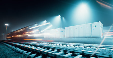 A long-exposure nighttime image showing an electrical energy storage system through a battery energy...