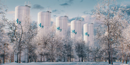 View of white hydrogen tanks in a snowy winter landscape with trees in the foreground in the pleasant morning light. 3D rendering.の写真素材