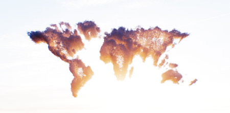 A 3D rendering of continents formed from clouds, illuminated by the soft evening light, symbolizes...