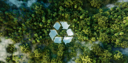 Recycling Symbol Amidst Nature: A Clarion Call for Climate Conservation and Waste Prudence. 3d rendering.の写真素材