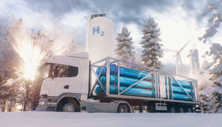 A truck with a hydrogen filling device, hydrogen tanks and a wind power plant in the middle of a...