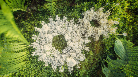 Interlocking gear symbol made of delicate white mushrooms, surrounded by vibrant green moss and...