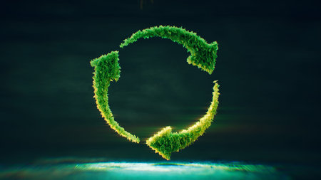A symbol of arrows in a circle made up of lush green translucent leaves that are backlit against a...