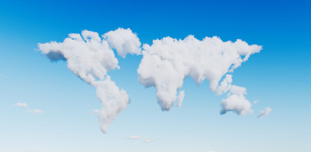 Image of a fluffy cloud in the shape of the world's continents floating peacefully in a blue sky. 3d...