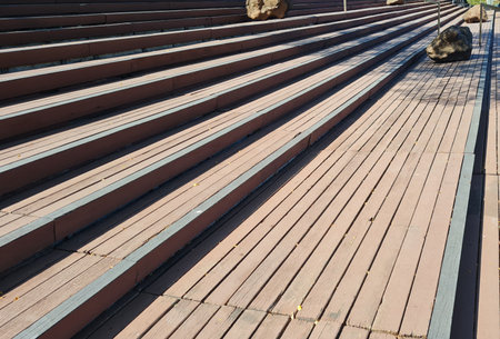 Wooden stairs in the park, perspective view, close-upの写真素材