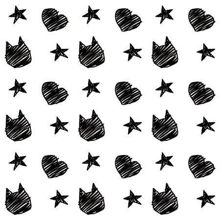 Seamless pattern with hearts and stars. Hand drawn vector illustration.Cat mummy.のイラスト素材