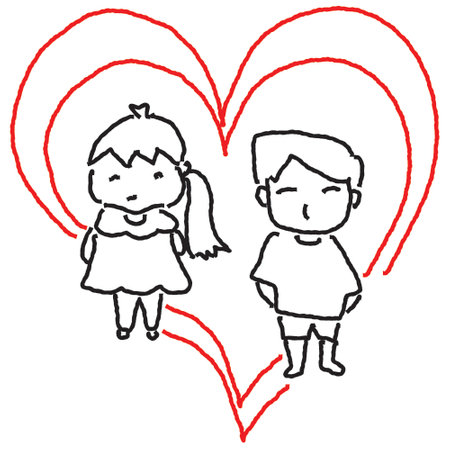 boy and girl in heart shape doodle style vector illustration designのイラスト素材