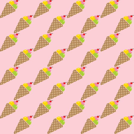 Seamless pattern with ice cream cones on pink background. Vector illustration.のイラスト素材