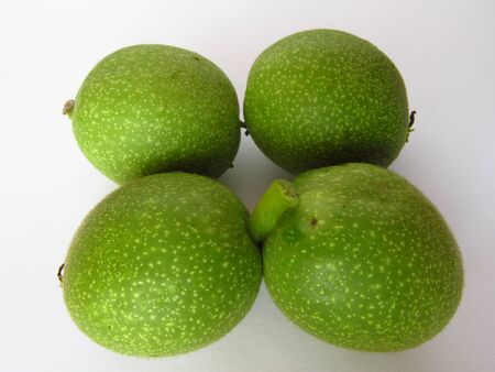 Green walnut on a white background.の写真素材