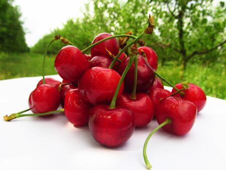 fresh red cherries on a wooden tableの写真素材