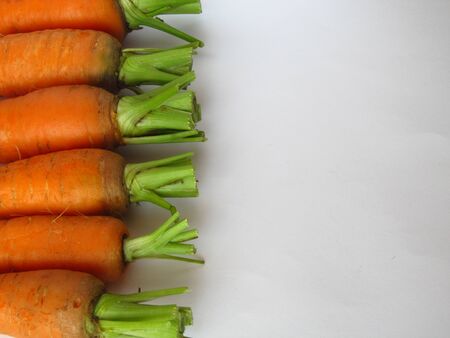 Fresh clean carrots on a white wooden table. Background of fresh vegetables top view. Fresh bunch of carrots on white background.の写真素材