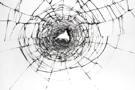 Cracks on broken glass. The window is damaged by a shot from a firearm. Transparent windscreen of a...