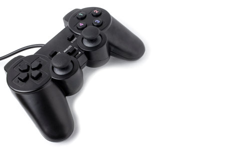 Joystick for playing top view isolated on white background with place for text. Black remote control...